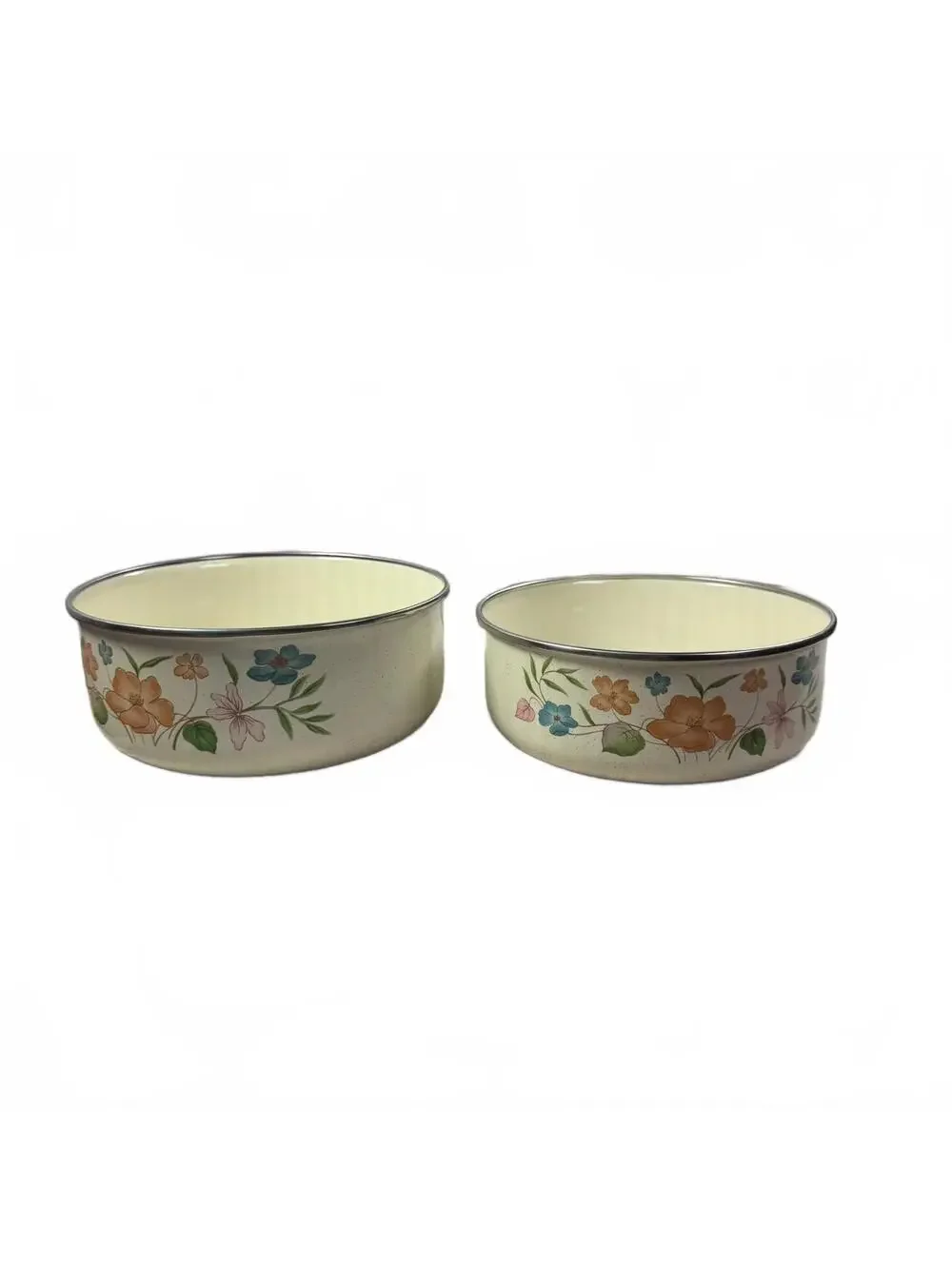 1980s Metal Enamelware Nesting Bowls Pair Floral Design Cottage Core Kitchen